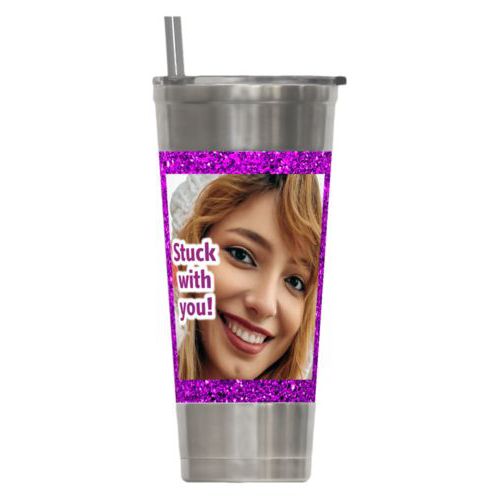 Personalized insulated steel tumbler personalized with fuchsia glitter pattern and photo and the saying "Stuck with you!"