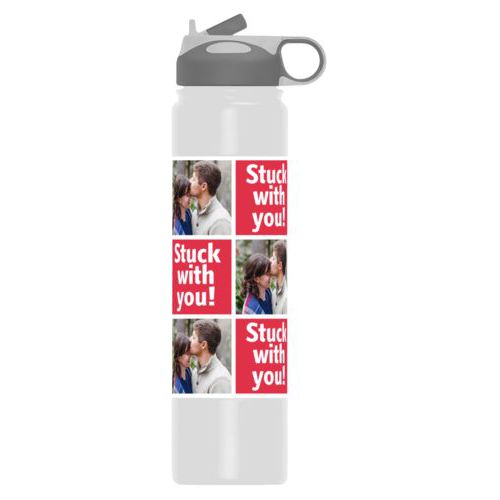 Thermal water bottle personalized with a photo and the saying "Stuck with you!" in cherry red and white