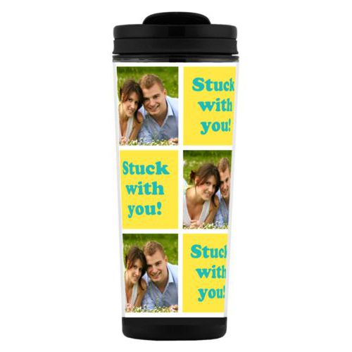 Custom tall coffee mug personalized with a photo and the saying "Stuck with you!" in ocean and sunshine