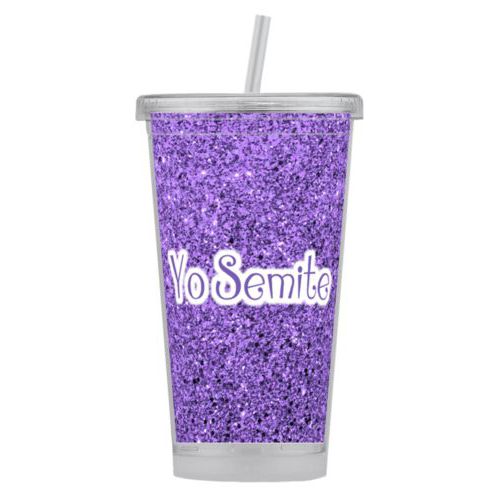 Personalized tumbler personalized with lavender glitter pattern and the saying "Yo Semite"