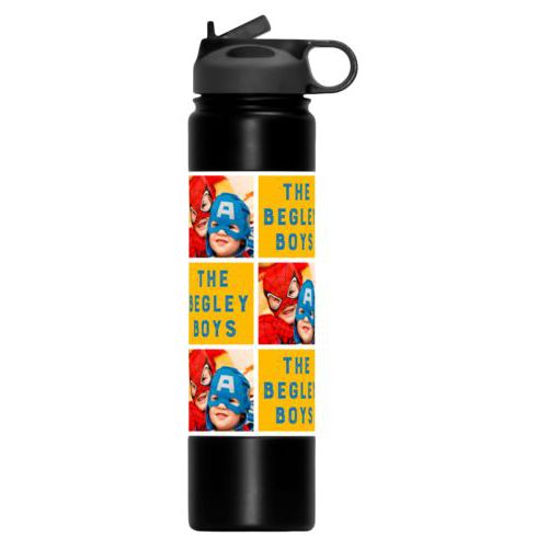Custom water bottle personalized with a photo and the saying "The Begley Boys" in blue and gold