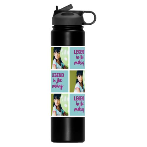 Water bottle that keeps water cold for 24 hours personalized with a photo and the saying "Legend in the Making" in dream on - plum and blizzard blue