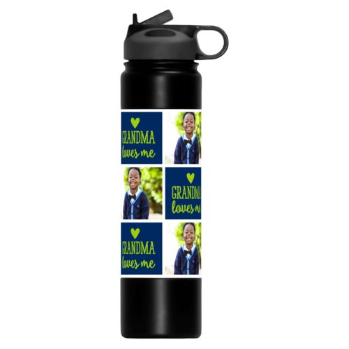 Personalized insulated water bottle personalized with a photo and the saying "Grandma loves me" in juicy green and navy blue