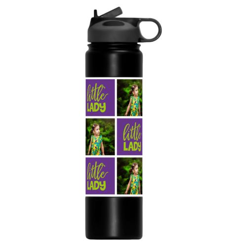 Custom water bottle personalized with a photo and the saying "little lady" in juicy green and amethyst purple