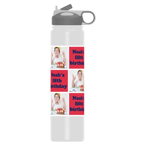 Personalized water bottle personalized with a photo and the saying "Noah's fifth birthday" in navy blue and red