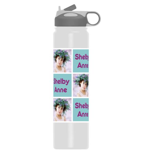 Personalized water bottle personalized with a photo and the saying "Shelby Anne" in dream on - plum and blizzard blue