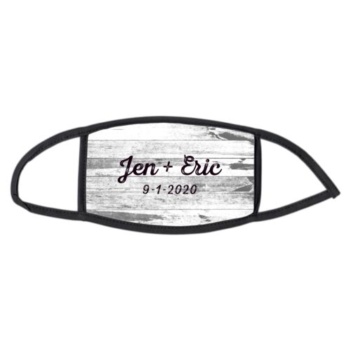 Custom face mask personalized with white rustic pattern and the saying "Jen + Eric 9-1-2020"