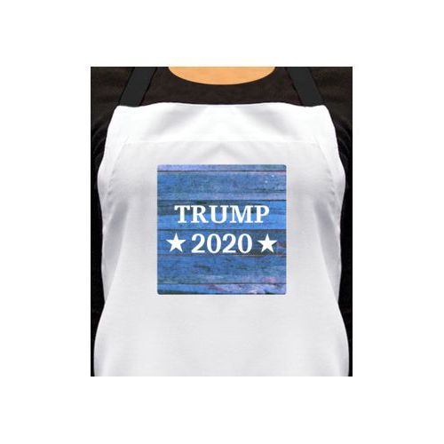 Custom apron personalized with "Trump 2020" on blue wood grain design