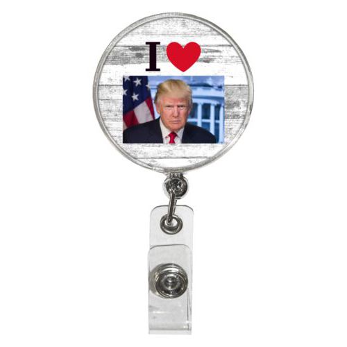 Personalized badge reel personalized with "I Love Trump" with photo design
