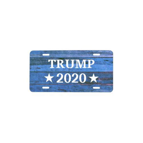 Personalized license plate personalized with "Trump 2020" on blue wood grain design