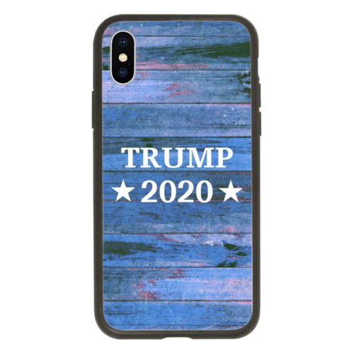 Personalized phone case personalized with "Trump 2020" on blue wood grain design