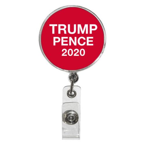 Personalized badge reel personalized with "Trump Pence 2020" on red design