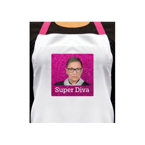 Personalized apron personalized with pink glitter pattern and photo and the saying "Super Diva"