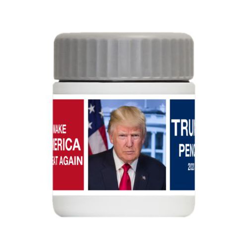 Personalized 12oz food jar personalized with Trump photo with "Trump Pence 2020" and "Make America Great Again" tiled design