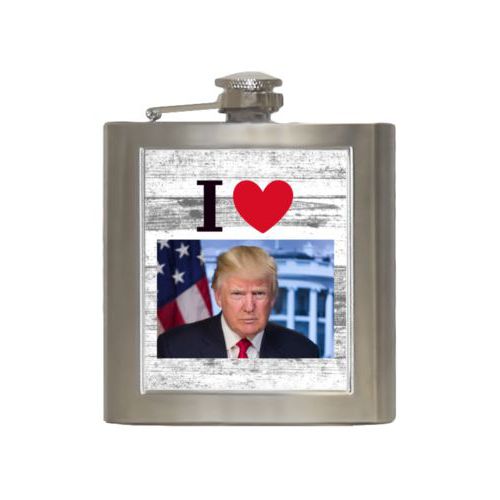 6oz steel flask personalized with "I Love Trump" with photo design