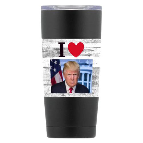 20oz vacuum insulated steel mug personalized with "I Love Trump" with photo design