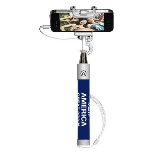 Personalized selfie stick personalized with "Make America Great Again" design on blue