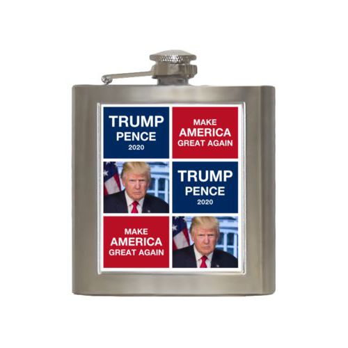 Durable steel flask personalized with Trump photo with "Trump Pence 2020" and "Make America Great Again" tiled design