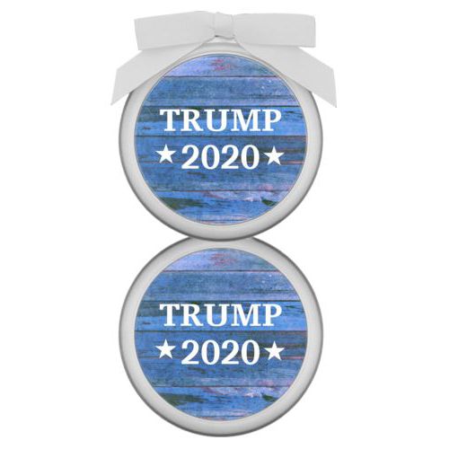 Personalized ornament personalized with "Trump 2020" on blue wood grain design