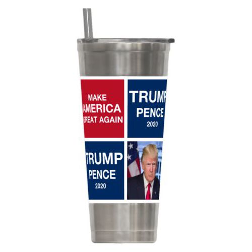 24oz insulated steel tumbler personalized with Trump photo with "Trump Pence 2020" and "Make America Great Again" tiled design
