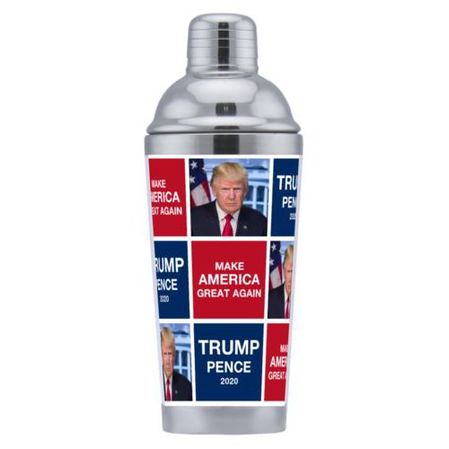 Personalized coctail shaker personalized with Trump photo with "Trump Pence 2020" and "Make America Great Again" tiled design