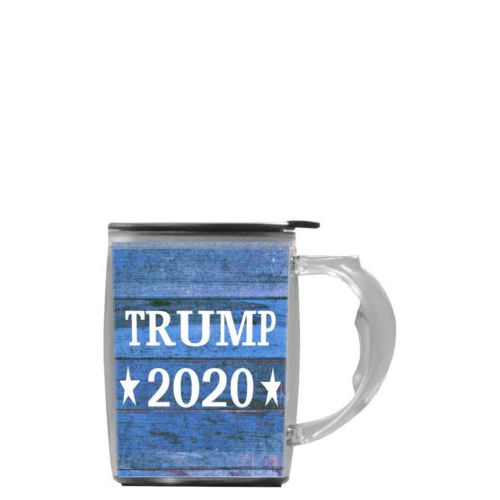 Custom mug with handle personalized with "Trump 2020" on blue wood grain design