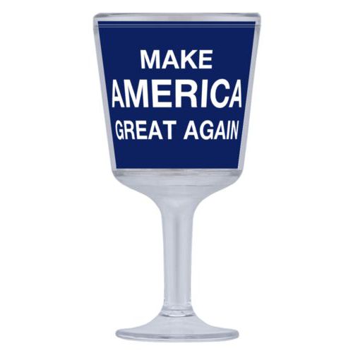 Plastic wine glass personalized with "Make America Great Again" design on blue