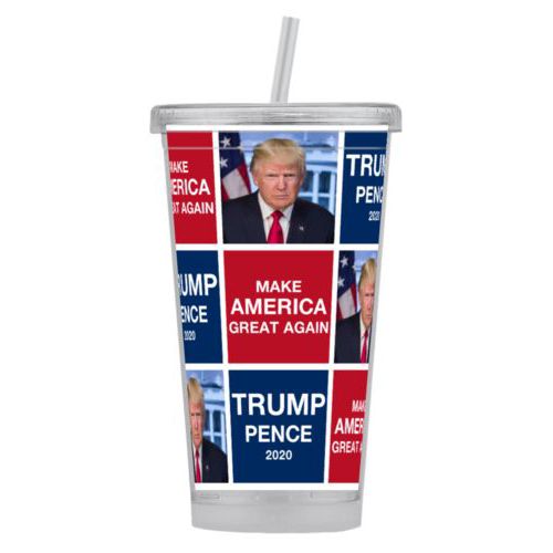 Tumbler personalized with Trump photo with "Trump Pence 2020" and "Make America Great Again" tiled design