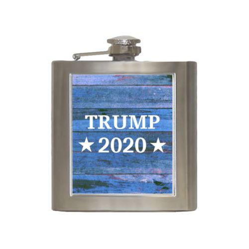 Durable steel flask personalized with "Trump 2020" on blue wood grain design