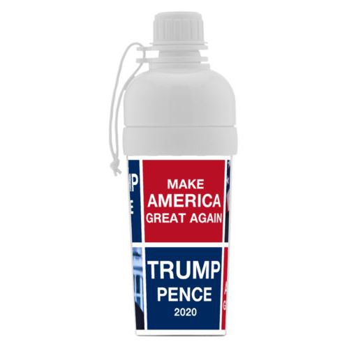Custom sports bottle for kids personalized with Trump photo with "Trump Pence 2020" and "Make America Great Again" tiled design