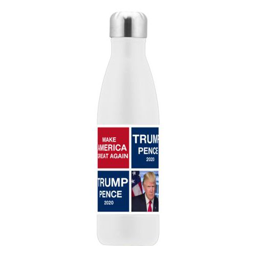 17oz insulated steel bottle personalized with Trump photo with "Trump Pence 2020" and "Make America Great Again" tiled design