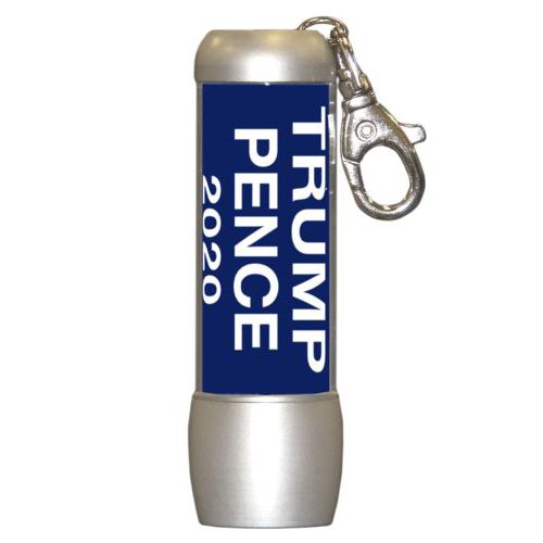 Small bright personalized flasklight personalized with "Trump Pence 2020" on blue design