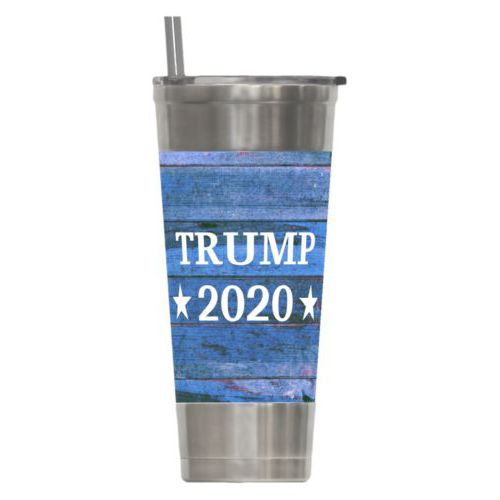 24oz insulated steel tumbler personalized with "Trump 2020" on blue wood grain design