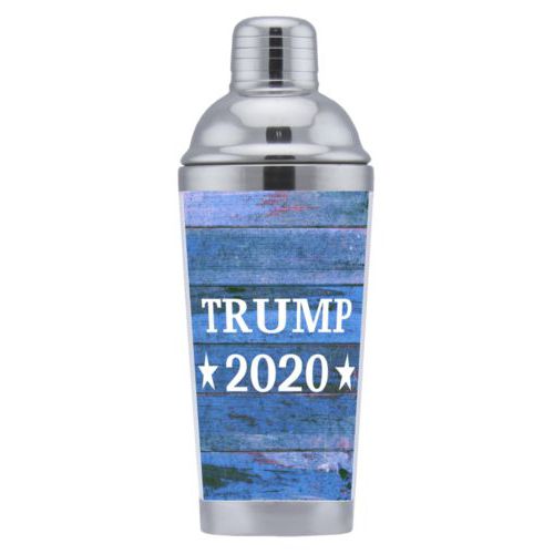 Custom coctail shaker personalized with "Trump 2020" on blue wood grain design