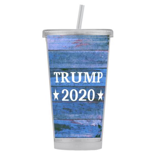 Tumbler personalized with "Trump 2020" on blue wood grain design
