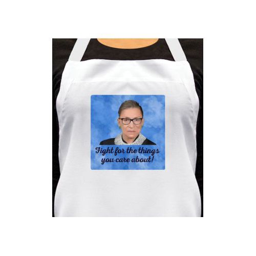 Personalized apron personalized with Ruth Bader Ginsburg drawing and "Fight for the things you care about" on blue design