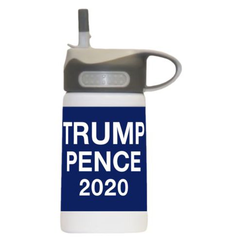12oz insulated steel sports bottle personalized with "Trump Pence 2020" on blue design