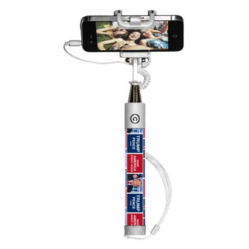 Personalized selfie stick personalized with Trump photo with "Trump Pence 2020" and "Make America Great Again" tiled design