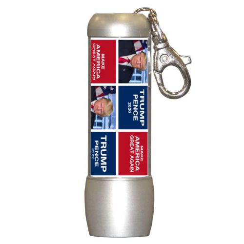 Small bright personalized flasklight personalized with Trump photo with "Trump Pence 2020" and "Make America Great Again" tiled design