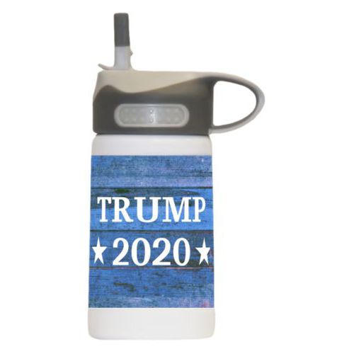 12oz insulated steel sports bottle personalized with "Trump 2020" on blue wood grain design