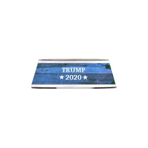 Stainless steel bowl in a melamine outer cover personalized with "Trump 2020" on blue wood grain design