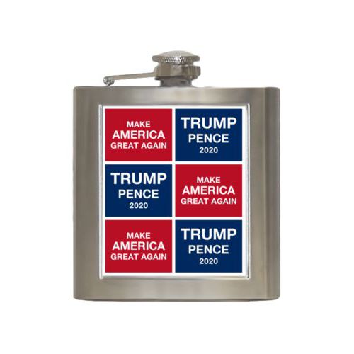 Durable steel flask personalized with "Trump Pence 2020" and "Make America Great Again" tiled design