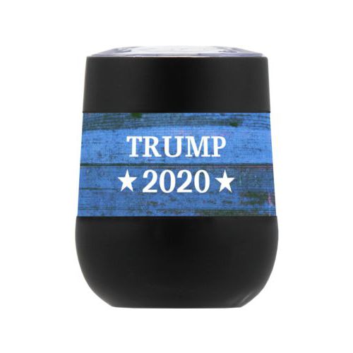 Personzlized insulated steel 8oz cup personalized with "Trump 2020" on blue wood grain design