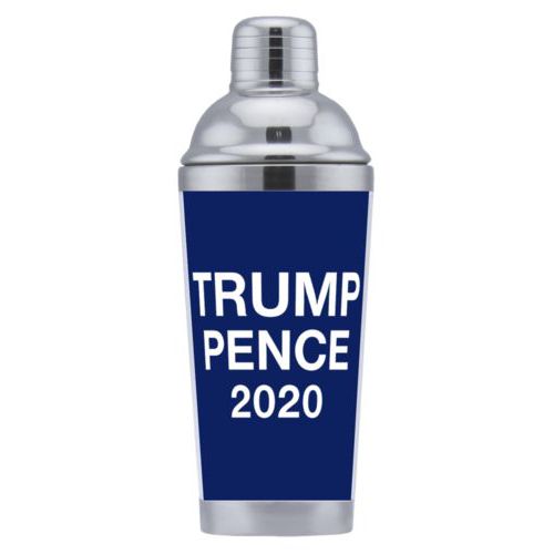 Personalized coctail shaker personalized with "Trump Pence 2020" on blue design