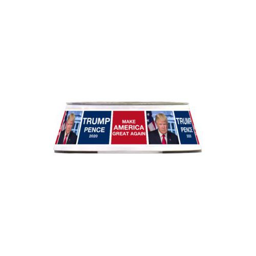 Stainless steel bowl in a melamine outer cover personalized with Trump photo with "Trump Pence 2020" and "Make America Great Again" tiled design