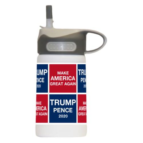 12oz insulated steel sports bottle personalized with "Trump Pence 2020" and "Make America Great Again" tiled design