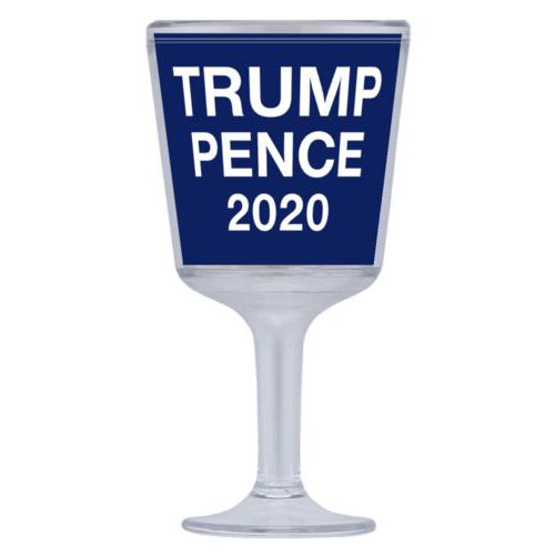 Plastic wine glass personalized with "Trump Pence 2020" on blue design