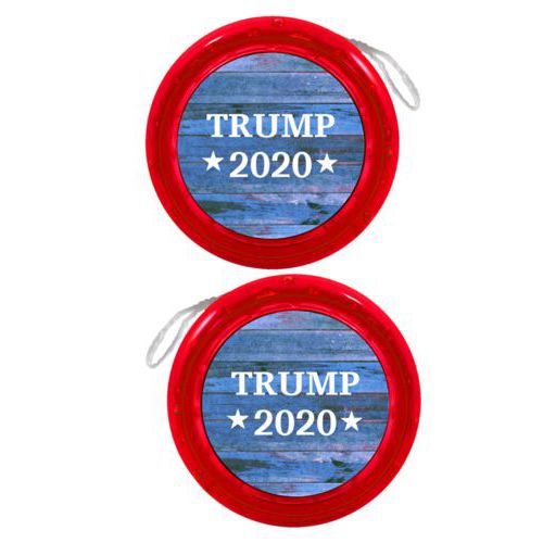 Personalized yoyo personalized with "Trump 2020" on blue wood grain design