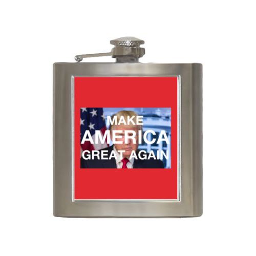 6oz steel flask personalized with Trump photo and "Make America Great Again" design