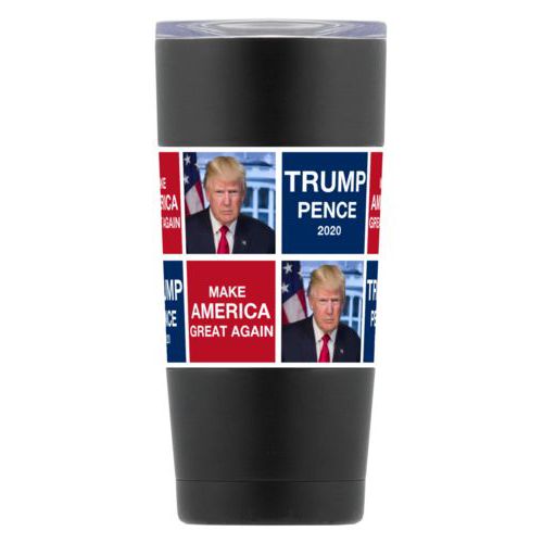20oz vacuum insulated steel mug personalized with Trump photo with "Trump Pence 2020" and "Make America Great Again" tiled design